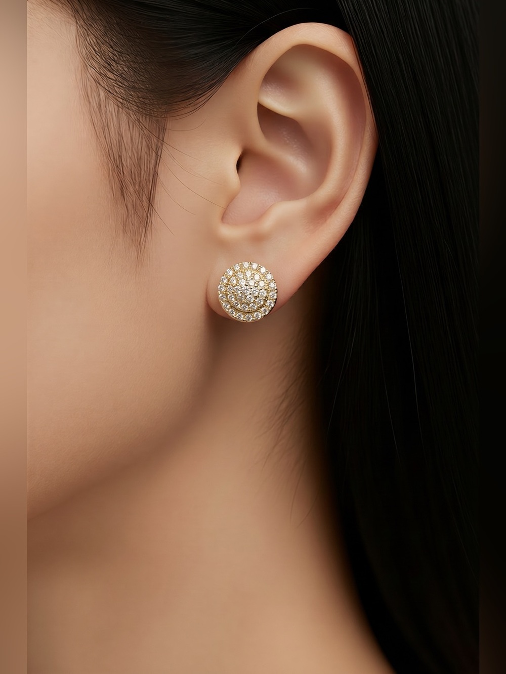 Gold and Clear Crystal Round Halo Stud Earrings - Women Jewelry